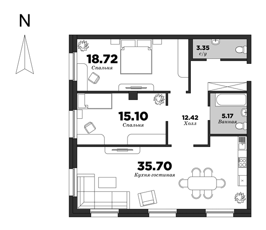 NEVA HAUS, Корпус 2, 2 спальни, 90.66 м² | планировка элитных квартир Санкт-Петербурга | М16